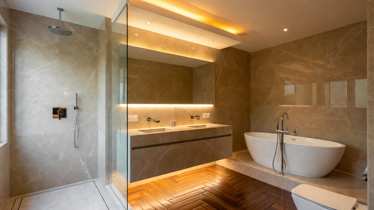Spa-inspired luxury bathroom with marble walls and freestanding tub in Marin County